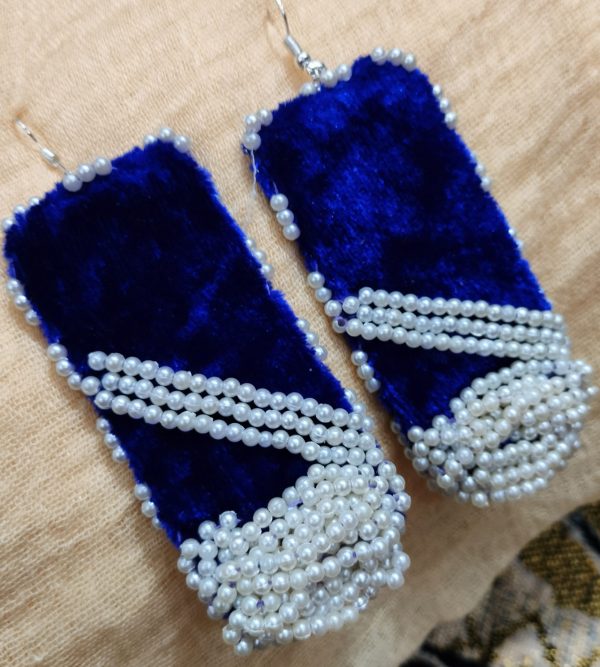 Blue Colored Handmade Velvet Fabric Earrings for Women - Image 3