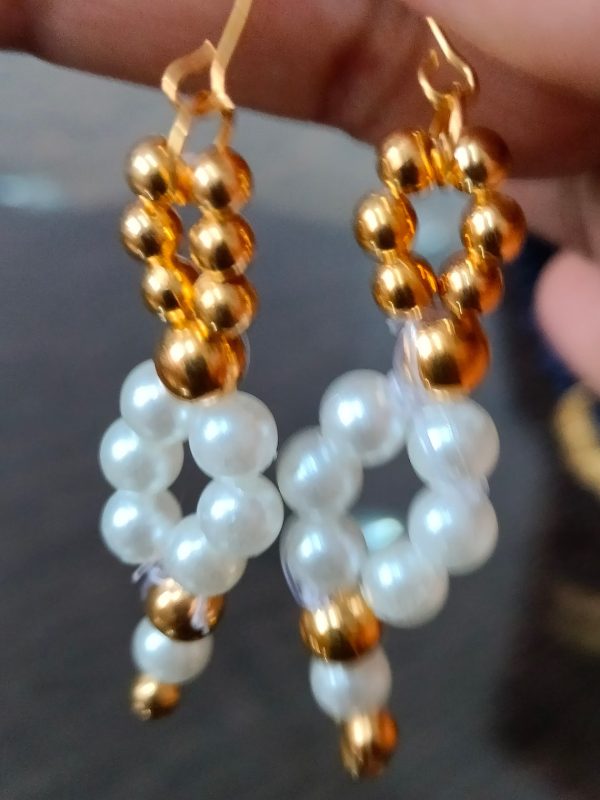 Handmade Bead Round Earrings Golden and White - Image 2