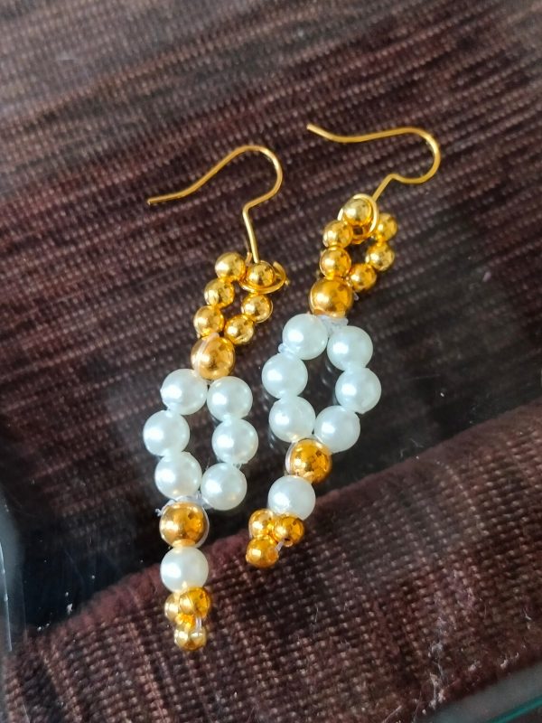 Handmade Bead Round Earrings Golden and White