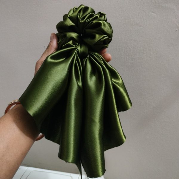 Handmade Satin Fabric Tail Green Scrunchie - Image 3