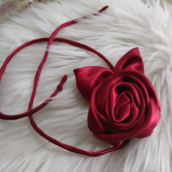 Handcrafted Satin Fabric Round Rose Choker – Maroon - Image 2