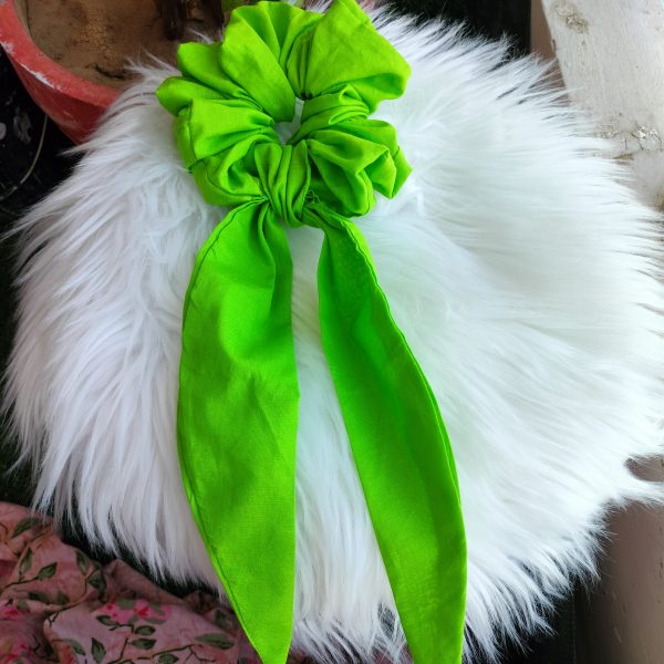 Handmade Long Tail Cotton Parrot Green Scrunchie - Image 3