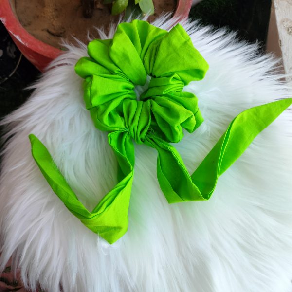 Handmade Long Tail Cotton Parrot Green Scrunchie