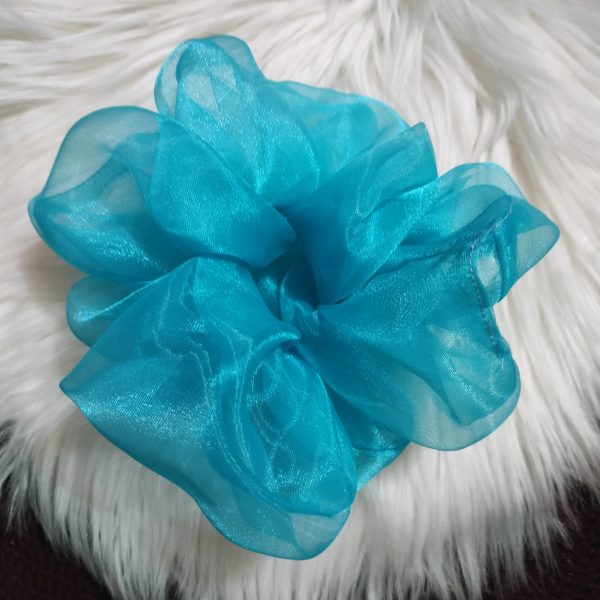 Handmade Floral Organza Scrunchie - Aquamarine Regular Size - Image 3