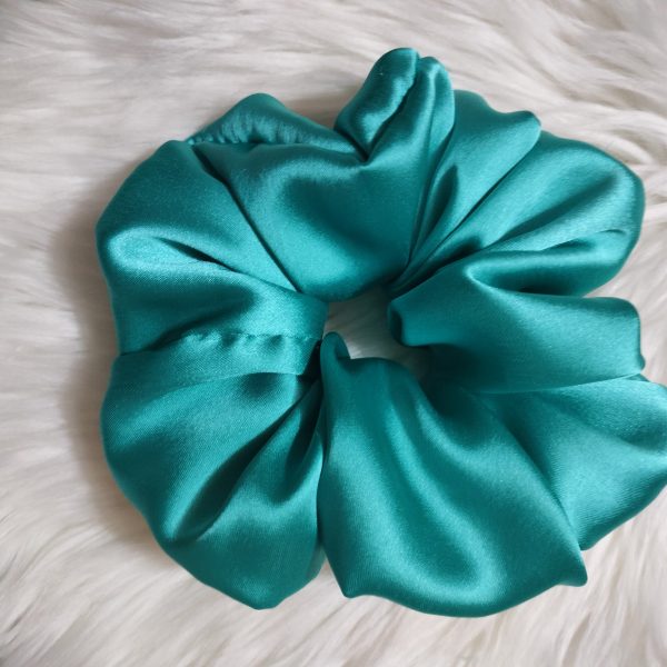 Handmade Floral Satin Scrunchie - Aquamarine Regular Size - Image 3