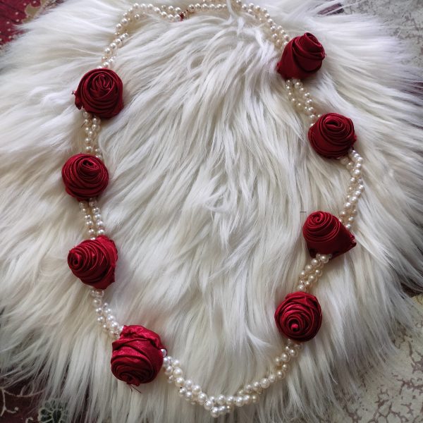 Handmade Floral Satin Bead Necklace - Maroon - Image 3