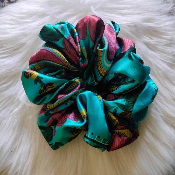 Handmade Floral Printed Satin Scrunchie - Multicolour Regular Size