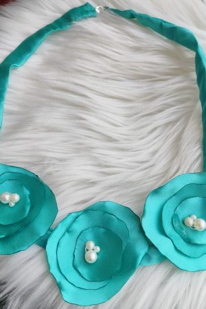 Handmade Floral Satin Bead Necklace - Aquamarine