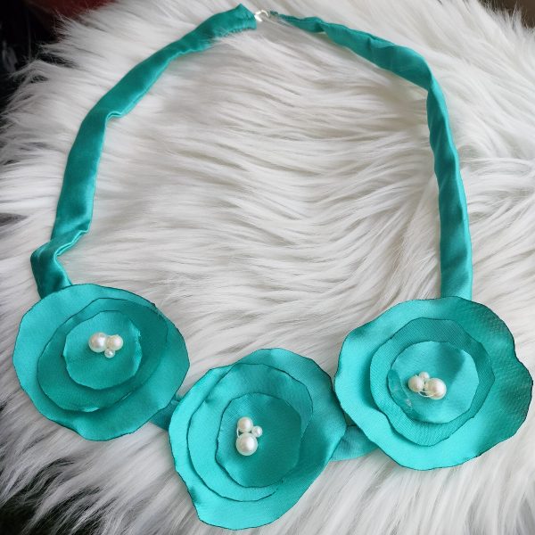 Handmade Floral Satin Bead Necklace - Aquamarine