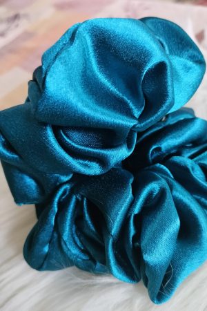 Handmade Floral Satin Scrunchie - Prussian Blue