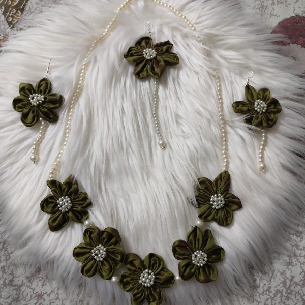 Handmade Fabric Floral Bead Necklace with Earrings - Army Green - Image 3