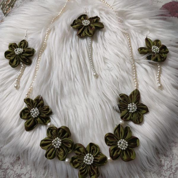 Handmade Fabric Floral Bead Necklace with Earrings - Army Green