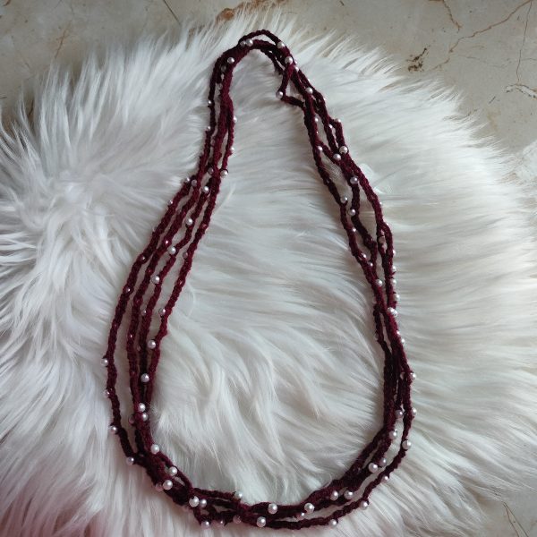 Handmade Floral Satin Bead Necklace 1 - Maroon - Image 3