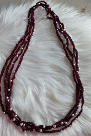 Handmade Floral Satin Bead Necklace 1 - Maroon